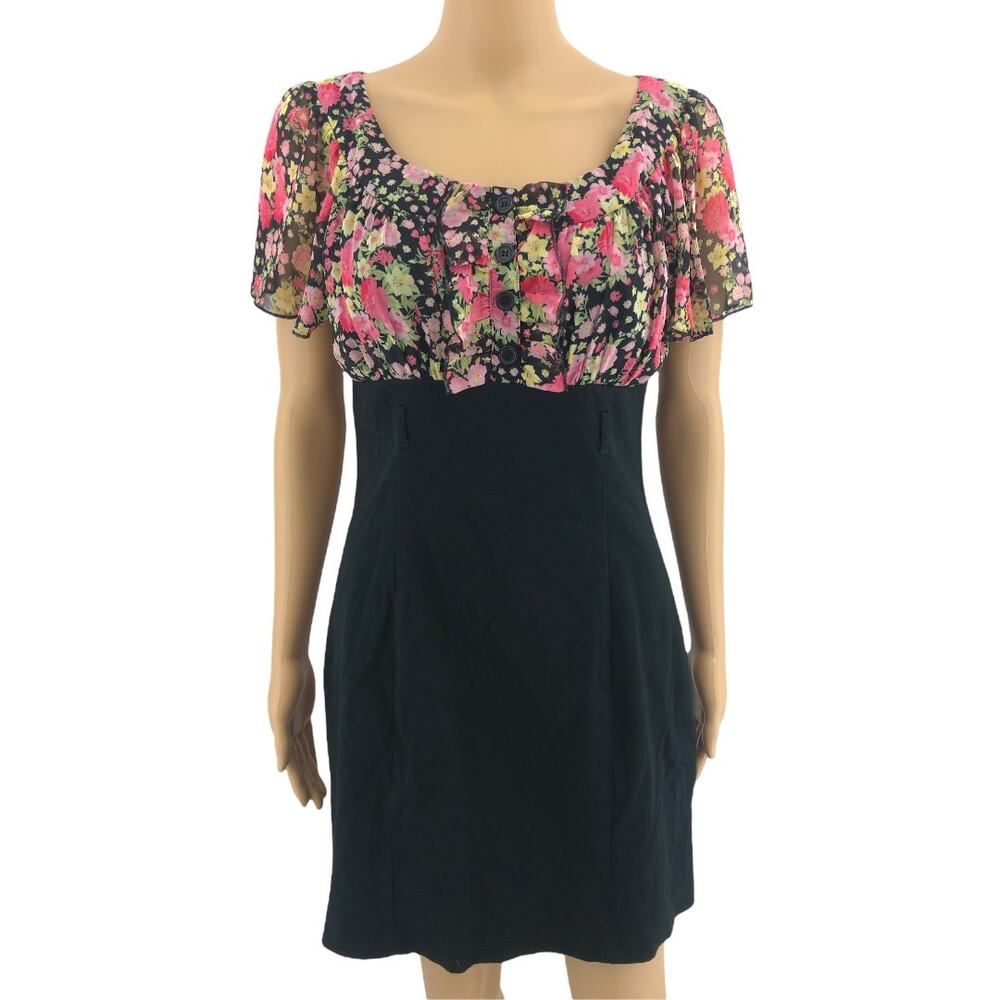 Love Tease SMALL Y2K Black Pink Floral Babydoll Empire Bodycon Sheath Mini Dress